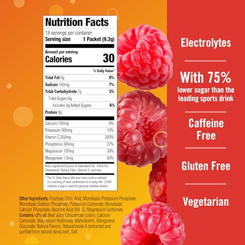 Emergen-C Hydration+ Sports Drink Mix With Vitamin C (18 Count, Raspberry Flavor), Electrolyte Replenishment, 0.33 Ounce P...