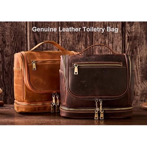 EURYNOME Travel Toiletry Bag For Men, Genuine Leather Shaving Dopp Kit Bottom Storage Holds More (11x8.6x4.7)-Mens Toiletry Bag -Leather Makeup Cosmetic Organizer Kit - Men Travel Toiletries Bag