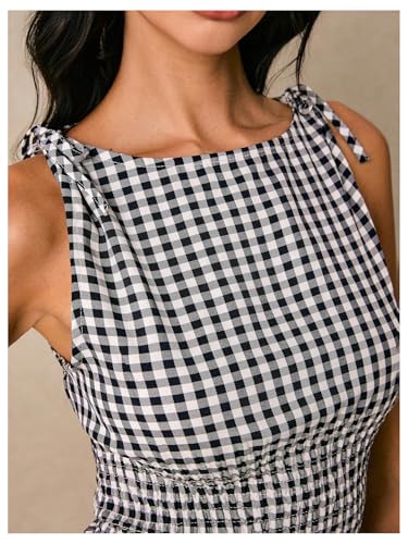 Floerns Women's Tie Shoulder A Line Gingham Dress Boat Neck Mini Checkered Elegant Dresses