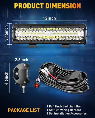 NAOEVO 12 Inch LED Light Bar, 300W 30000LM LED Offroad/Driving/Fog Lights with Wiring Harness Kit, Spot Flood Work Lights ...