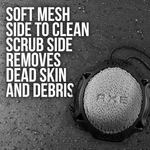 AXE Mens Shower Scrubber Tool, 2-Sided Detailer, Gray Color, Mesh Side for Lathering, Exfoliator for Smoothing Dry, Rough Skin