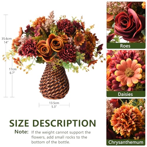 Artificial Faux Flowers in Vase, Fake Silk Floral Arrangements Rose Bouquets with Handmade Rattan Vase, Farmhouse Table De...