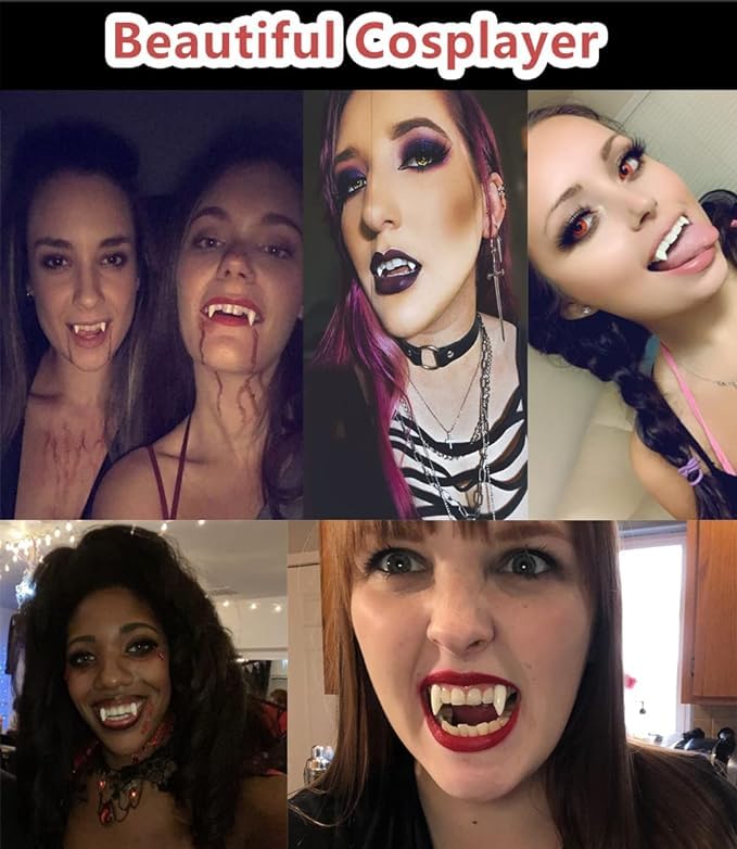 COOLJOY 12 Pairs Vampire Teeth Fangs 4 Size with Adhesive Halloween Party Cosplay Props Horror Fake Teeth Props Party Favors Masquerade Costume Accessories Gift