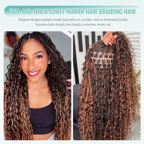 30 Inch Water Wave Boho Hair for Braiding Color #1B30 Human Braiding Hair for Boho Knotless Braids 2 Bundles 100G Deep Wave Natural Black with Brown Highlights Extensions Full Ends