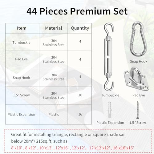Sun Shade Sail Hardware Kit 6 Inch for Rectangle & Triangle Shade Sail Install, Stainless Steel Shade Sail Fixing Accessor...