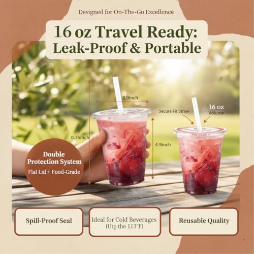 Voatree 110 Packs 16oz Plastic Cups with Lids and Straws,Sturdy & Food Safe Disposable Coffee Cups,Clear Iced Cups For Cof...