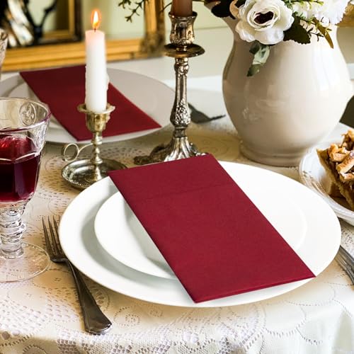 KAMMAK Burgundy Napkins Disposbale Wine Red Cloth like Paper Dinner Napkins with Pocket 100 Pack Guest Hand Towel for Part...