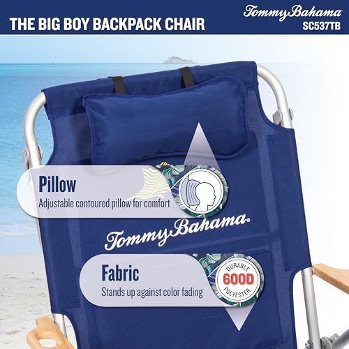 Tommy Bahama Big Boy 4-Position Folding 13" High Seat Backpack Beach or Camping Chair, Navy