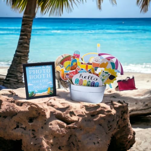 Summer Photo Booth Props - 41 Pieces with Signs, Adhesive Pads, Sticks - Pool Party & Beach Theme Props