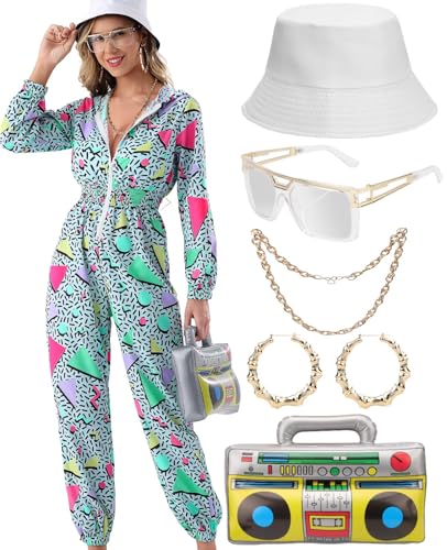 VillbeCoser Hoodies Jumpsuit 80s 90s Outfits for Women Tracksuit Costume One Piece Windbreaker Hip Hop Neon Party