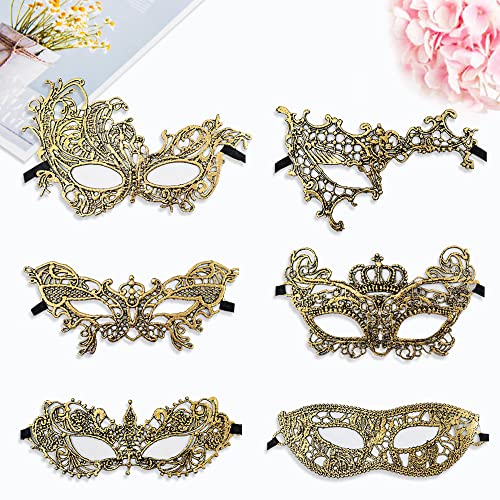 Huture 6 Packs Lace Masquerade Mask, Gold Lace Eye Patch for Women Mascarade Ball Sexy Lady Half Face Mask Fancy Dress Ven...