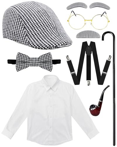 Vivrerizo Old Man Costume for Kids - 8 Pcs 100 Days of School Costume for Boys Grandpa Outfit Dress Up Cosplay
