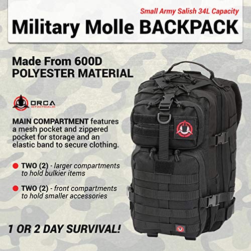 ORCA 34L Military Tactical Backpack – Heavy Duty Waterproof Rucksack for Camping, Hiking & Survival, 600D Polyester (Black)