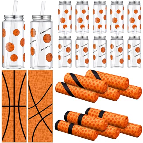 SmoothNovelty 24 Pcs 16.9 Oz Basketball Plastic Cups Bulk Basketball Cooling Towel Set Include 12 Sport Theme Cups with St...