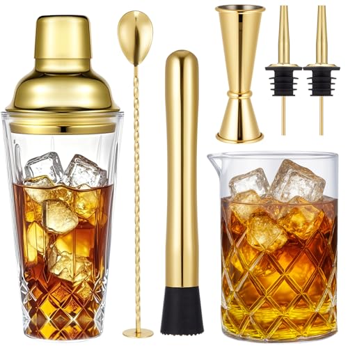 Mifoci 7 Pcs Gold Glass Cocktail Shaker Set Bartender gift set with 14oz Shaker 24oz Cocktail Mixing Glass Measuring Jigge...