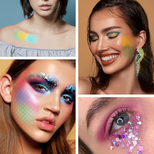 Mermaid Scale Stencil Kit,11Pcs Reusable Mermaid Face Makeup Templates and 4 Pcs Makeup Brushes 2 Bottles Glitter, Women G...