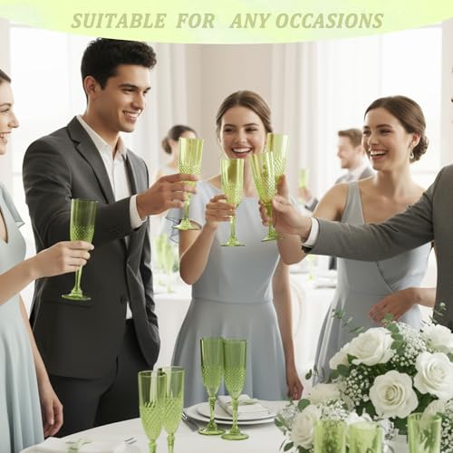 HTTBEIZI Light Green Champagne Flutes Set of 12 7oz, Plastic Reusable Glasses Cups Goblets Shatterproof Unbreakable, for V...