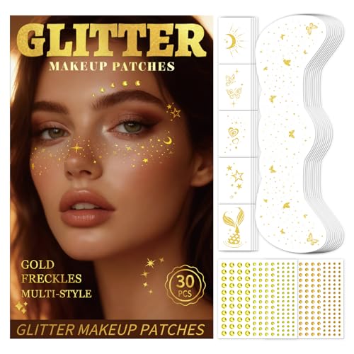 30PCS Glitter Freckles Face Tattoos & Face Gems Set, Multi-Style Gold Glitter Temporary Tattoos for Valentine's Day Makeu...