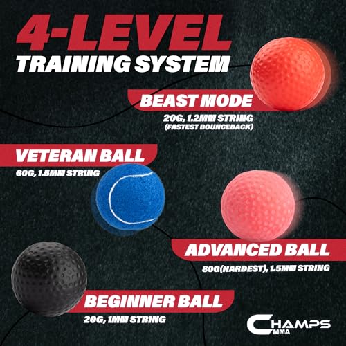Champs MMA Boxing Reflex Ball Set with Punch Counter App | 4 Balls with Varying Weights, Headband & 4 Spare Strings to Imp...