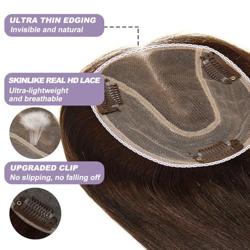 Hair Toppers for Women Real Human Hair, 4.5x5 Inch Swiss Lace Base No Bangs Top 12 Inch Length #4 Medium Brown