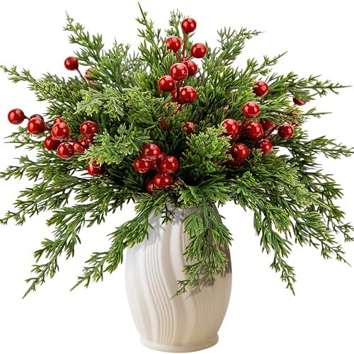 Watayo 45 Pcs Christmas Artificial Pine Branches with Red Berry Stems, 10.5" Faux Evergreen Norfolk Pine Cypress Leaves St...