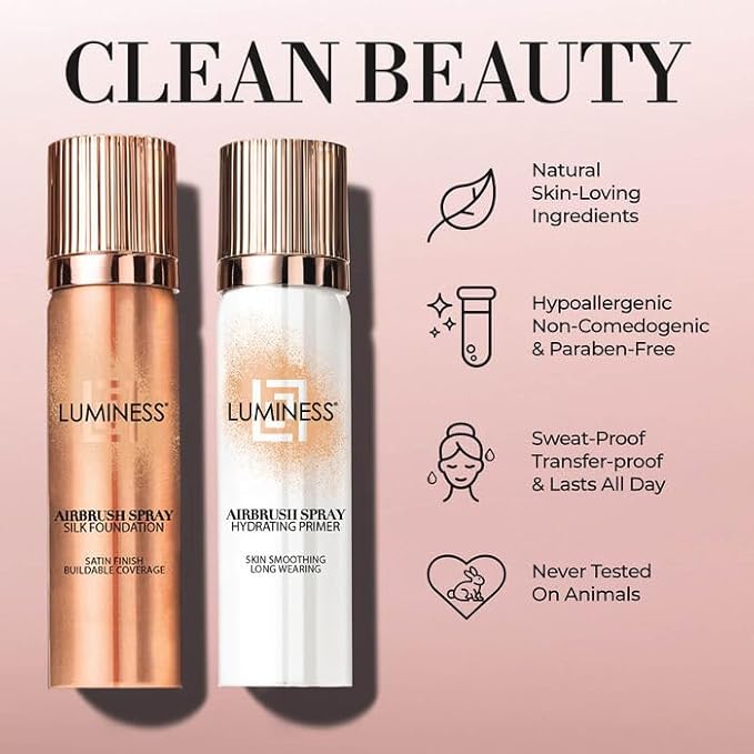 LUMINESS Silk Airbrush Spray Foundation 3-PC Kit - Foundation, Primer & Dual-Sided Angled Makeup Brush - Buildable Coverage, Anti-Aging Formula, Humidity Resistant, Hydrates & Moisturizes, Light Warm
