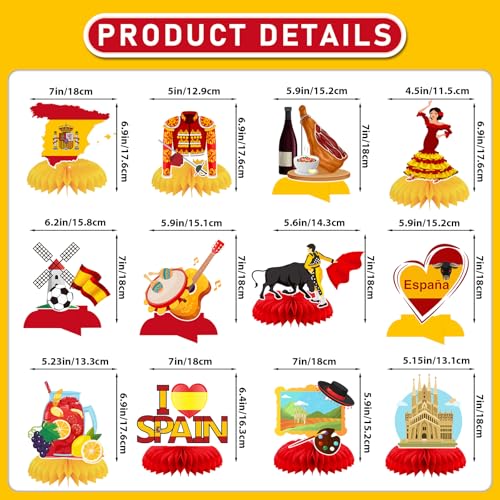 12 Pcs Spain Honeycomb Centerpieces Spain Themed Table Decorations for Fiesta Española Flamenco Party Decor Supplies