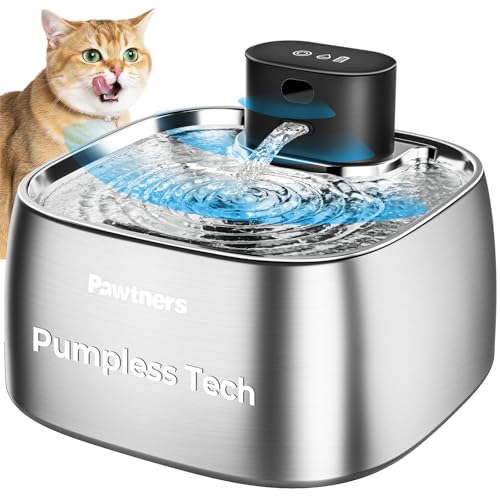 Pumpless Cat Water Fountain Stainless Steel, Automatic Cordless Cats and Dogs Water Dispenser 108oz/3.2L, Pawtners Battery...