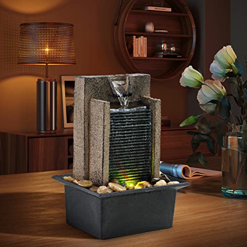 Amootek Tabletop Fountain Relaxing Tabletop Waterfall Fountain with Natural River Rocks & Color-Changing LED Lights - Indo...