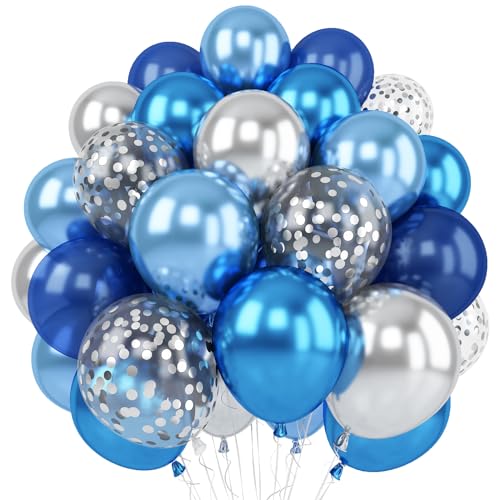 Blue Silver Balloons Set, 12 Inch Blue and Silver Balloons Dark Navy and Confetti Party Latex Balloon, Macaron Metallic Ba...