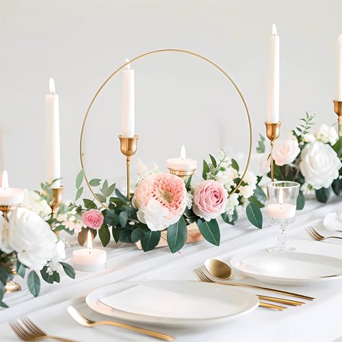 GUDELAK 12Pcs 12 Inch Floral Hoop Centerpiece Table Decorations, Metal Gold Center Pieces Decoration for Table with Wood B...
