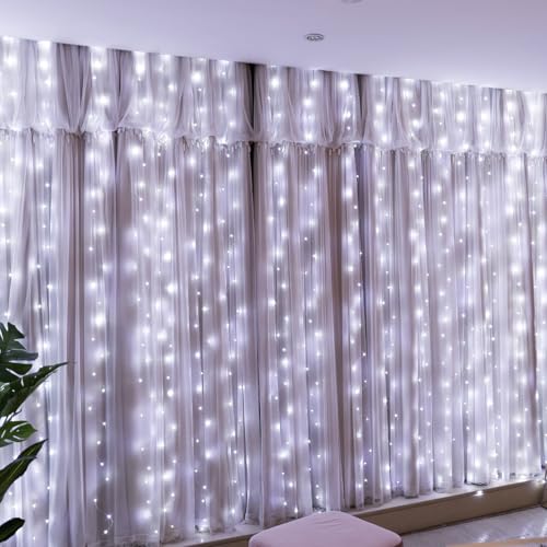 HXWEIYE 300LED Fairy Curtain Lights, 9.8x9.8Ft USB Plug-in 8 Modes Christmas String Hanging Lights with Remote for Bedroom...