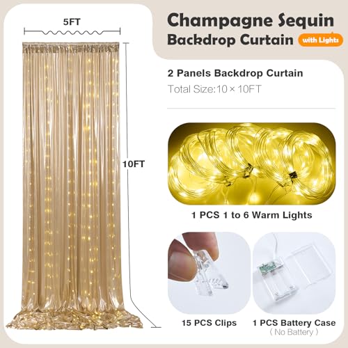10ftx10ft Champagne Sequin Backdrop Curtain with Lights-2 Panels 5×10ft Wrinkle Free Thick Shimmer Glitter Backdrop Drapes...
