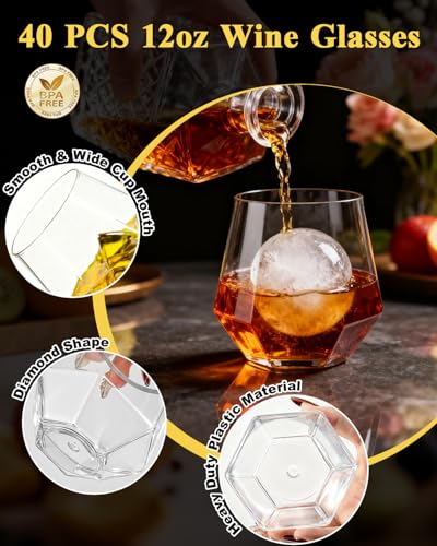 BESTSTAR 40 PCS Clear 12 Oz Plastic Wine Whiskey Glasses, Diamond Stemless Unbreakable Disposable Wine Glasses for Partie...