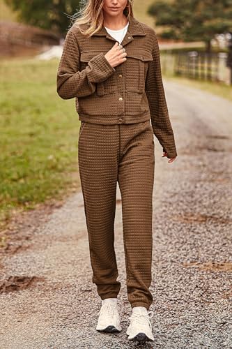PRETTYGARDEN Womens Two Piece Sets Fall 2026 Long Sleeve Button Down Shacket Jacket Long Sweatpants Tracksuit Winter Clothes