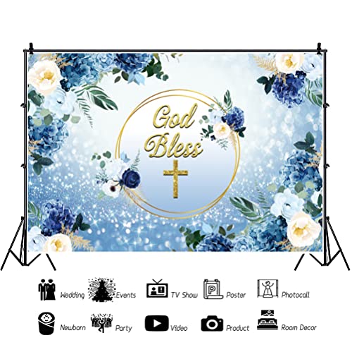 OERJU 10x6.5ft God Bless Backdrop Blue Floral Flowers First Holy Communion Photography Background Baptism Christening Boys...