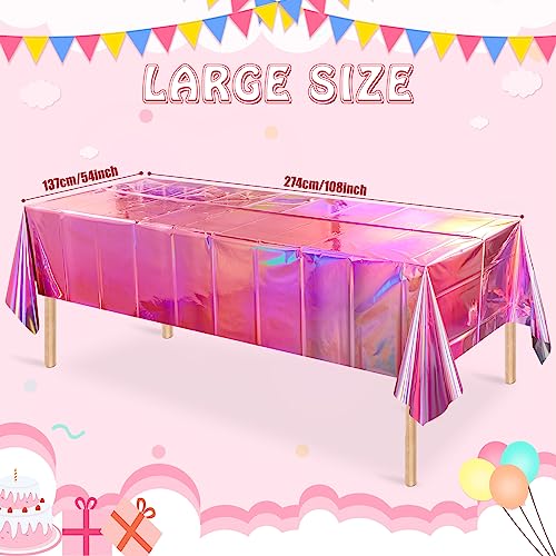 4 Pack Iridescent Pink Plastic Tablecloths, FunnyPars Shiny Disposable Laser Rectangle Table Covers, Holographic Foil Tabl...