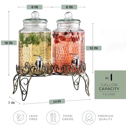 Classic Hammered Glass Beverage Dispenser with Elegant Stand (Set of 2), 1 Gallon Glass Drink Dispenser with Stand & Spigo...