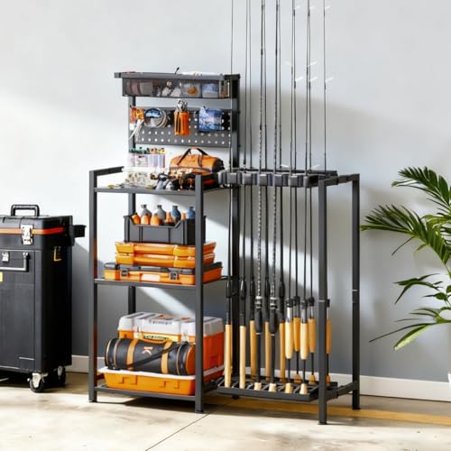 Fishing Rod Holders for Garage, Fishing Pole Rack with 3 Tier shelf, Heavy Duty Fishing Pole Holders with Pegboard and Bas...