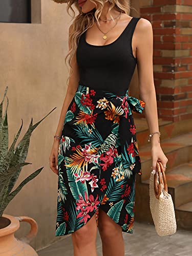 GORGLITTER Women's Tropical Print Knot Side Wrap Hem Dress Sleeveless Tie Scoop Neck Tank Dress