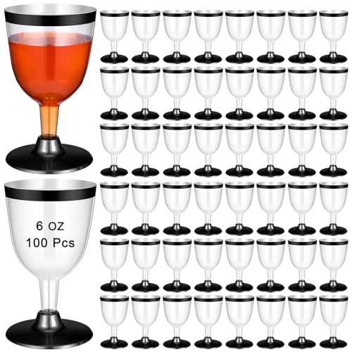 Jingmore 100 Pcs Plastic Wine Glasses Disposable 6 oz Rimmed Wine Cups with Stem Clear Toasting Glasses for Cocktail Champ...