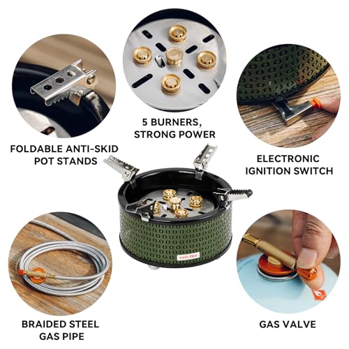 ONLYFIRE OUTDOOR LIVING Portable Camping Gas Stove with Storage Bag & Gas Adapters, 5 Burners Propane Stove for Outdoor Pa...