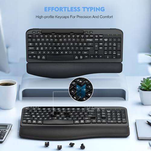 Ergonomic Wireless Keyboard with Cushioned Wrist Rest, Wave Keys, Phone Holder, Comfortable Natural Typing, 2.4GHz Full Si...