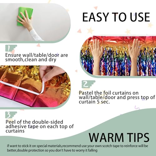 3 Pack Colorful Foil Fringe Curtain Backdrop - 6.6 x 3.3 ft Wavy Rainbow Tinsel Backdrop Curtain Metallic Streamers Irides...