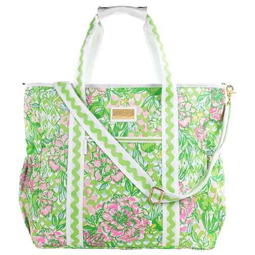Lilly Pulitzer Green Picnic and Beach Cooler, Insulated Bag with Adjustable Shoulder Strap and Zipper, Large Soft Cooler for Groceries or Travel, Lime Feeling Good