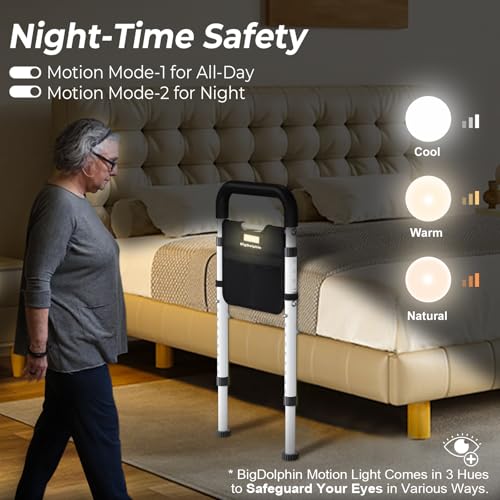 BigDolphin Bed Rails - ASTM Approved Adjustable Bed Cane with Motion Sensor Light, Non-Slip Ergonomic Handle & Storage Poc...