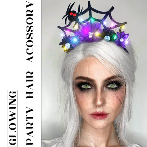 Uranian Light Up Halloween Headband LED Spider Web Headwear Spider Hairband Glowing Flower Party Hair Accessories for Women