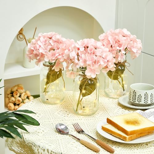 Juinte 4 Sets Mason Jar with Lights Pink Hydrangea Decorative Pink Centerpieces for Tables Mason Jars Flowers Decorations ...