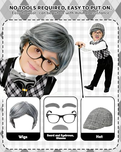 Kevsuvqin Kids Old Man Costume for Boys 9 Pcs Set, 100 Days of School Costume Boys with Adjustable Cane, Wig, Vest(Ages 3-12)