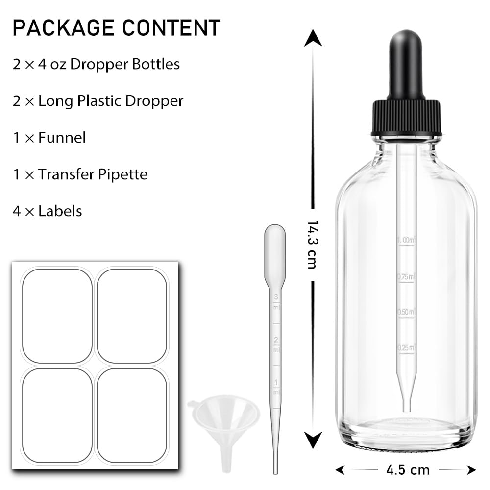 Bumobum Dropper Bottles 4oz, 2 Pack Clear Tinctures Bottle with Dropper for Essential Oils with Funnel, Labels & Pipette, Glass Dropper Bottles for Aromatherapy(Unbreakable Plastic Eye Dropper)